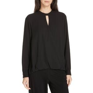 Eileen Fisher Silk Keyhole Neck Long Sleeve Faux Wrap Top Blouse